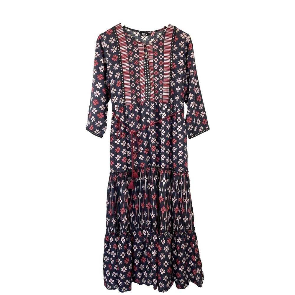 Womens Bohemian Tiered Maxi Dress Size XL Navy.Pockets Indie Folk Artisan Ethnic